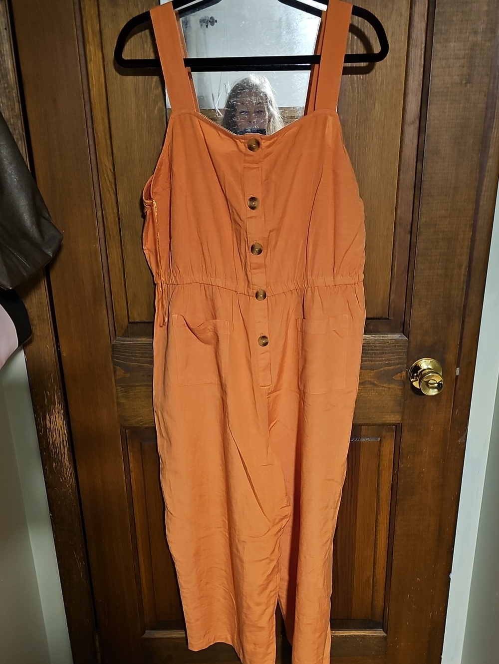 Womens Orange Button-Front One-Piece Jumpsuit